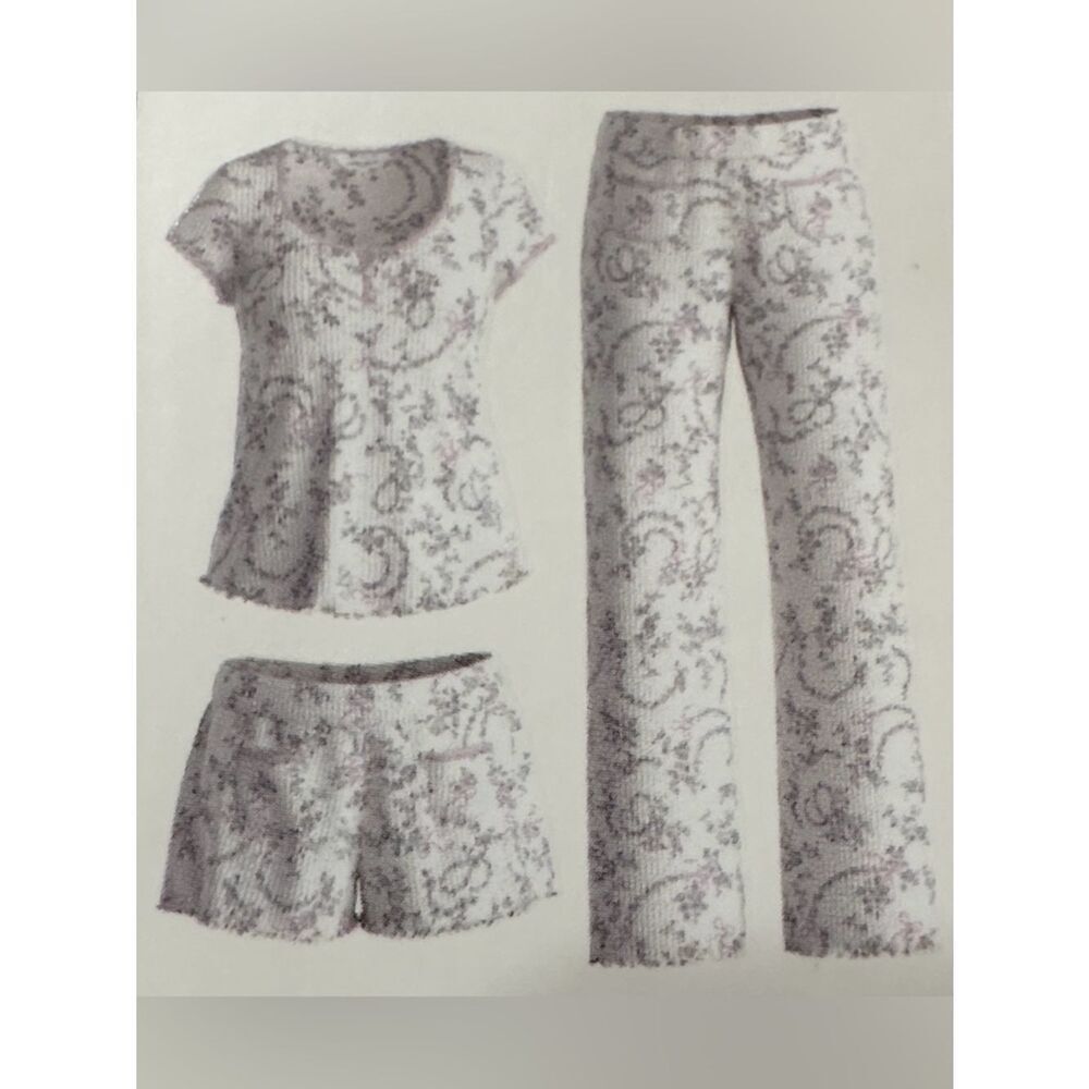 LA XL White Gray Pink Rose Trellis Floral Comfortable Tee Short & Pant 3 pc PJ
